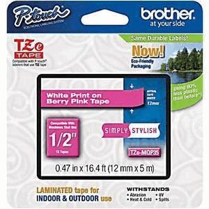Brother P-touch TZe-MQP35 (12mm x 8m) White On Berry Pink Matt Laminated Tape